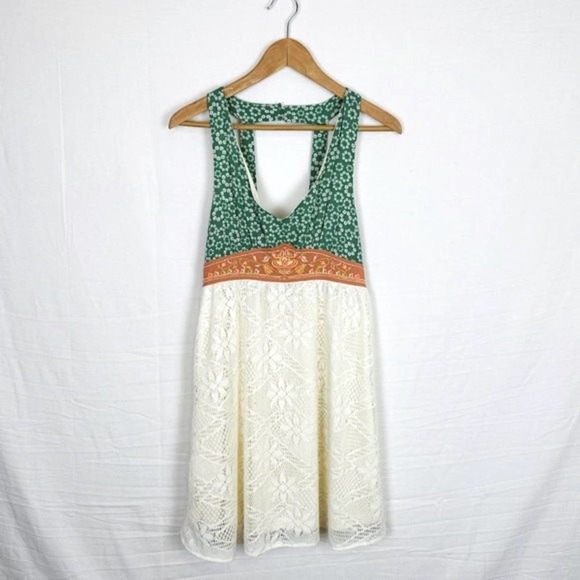 Embroidered Floral Lace Dress Womens Small Ivory Green Mini Cottage Boho Smocked - Picture 2 of 7
